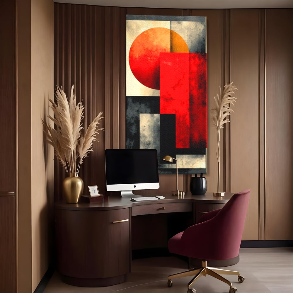 Tablou canvas cu tablou abstract geometric cu soare rosu, fara rama, pe sasiu de lemn, pe perete intr-un birou